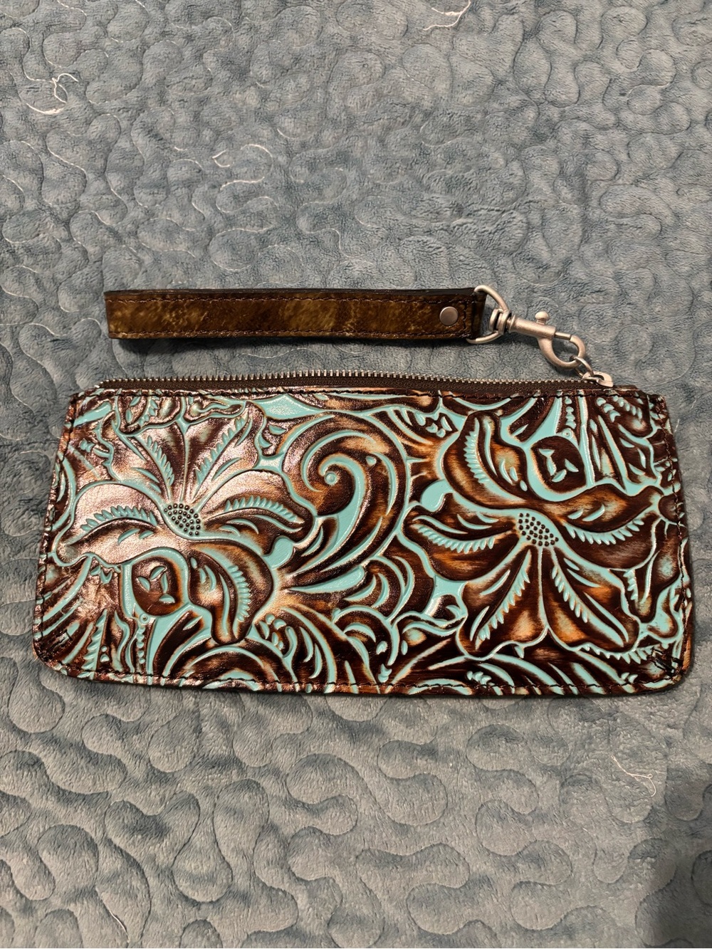 Turquoise & Brown Tooled Leather Wristlet Wallet
